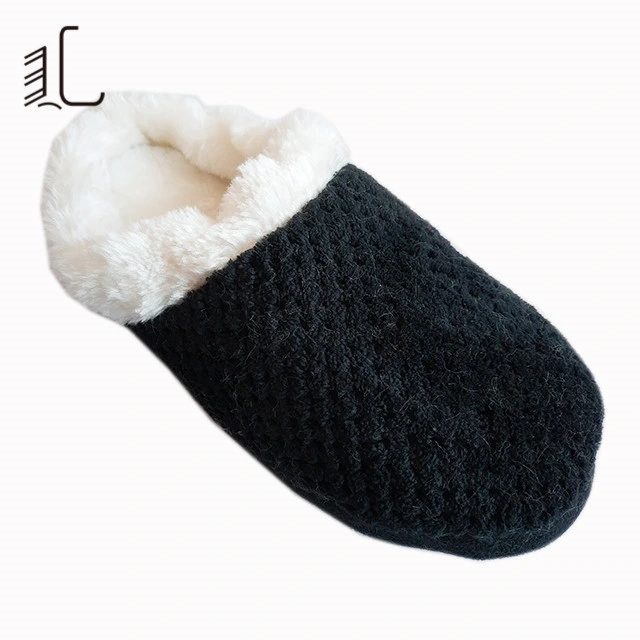 Women Home Slippers, Knitting Wool Upper, Synthetic Fur Insock, DOT Cloth Outsole Indoor Slipper