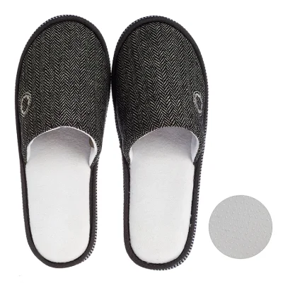 Wholesale Custom Logo Personalized Black Jacquard Linen Cloth Disposable Closed Toe SPA Hotel Bathroom Slippers